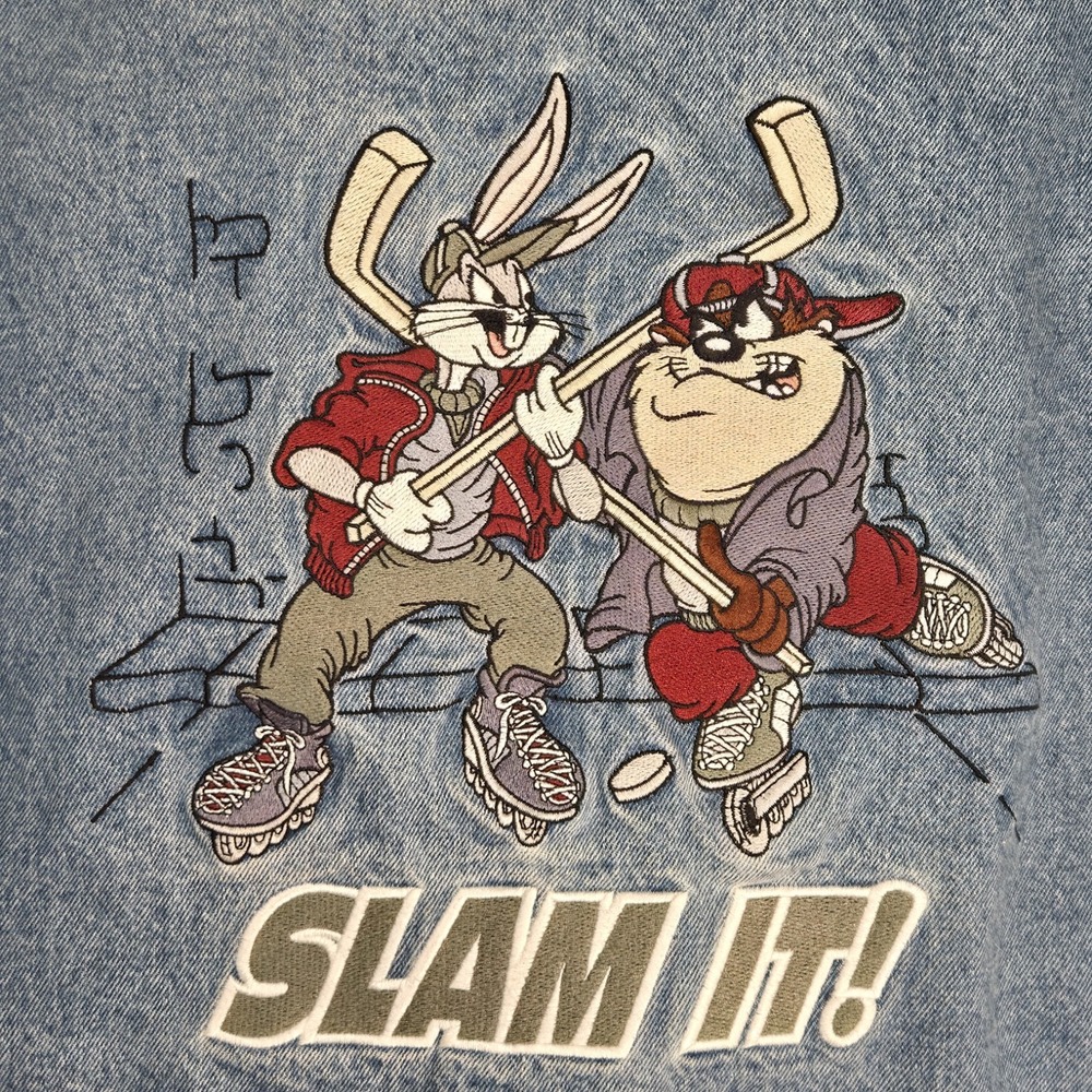 Vintage‎ 90s Looney Tunes Denim Hoodie Jacket Men's Xyl Slam It Hockey Bugs Taz